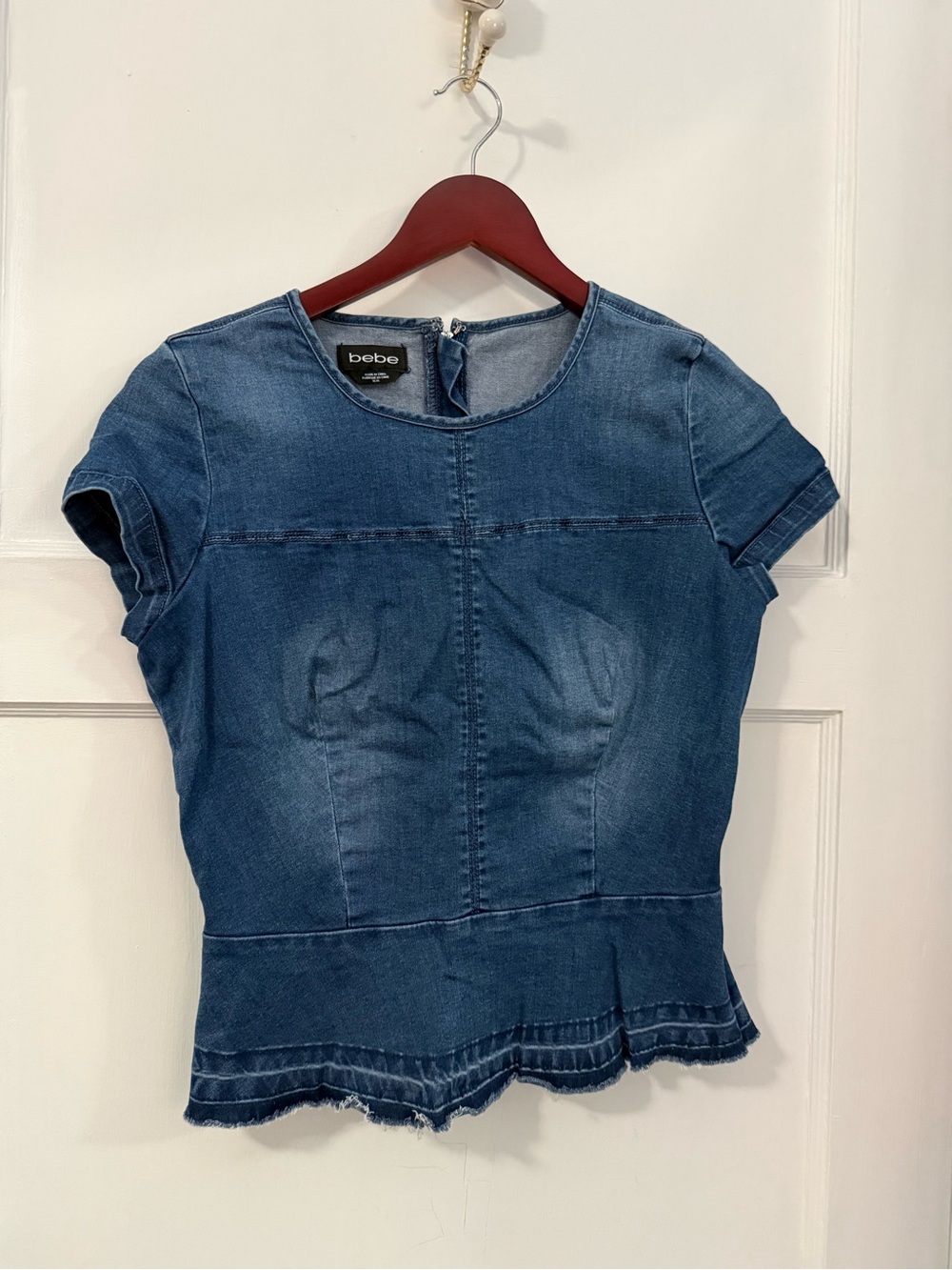 bebe Blue Denim Short Sleeve Peplum Top